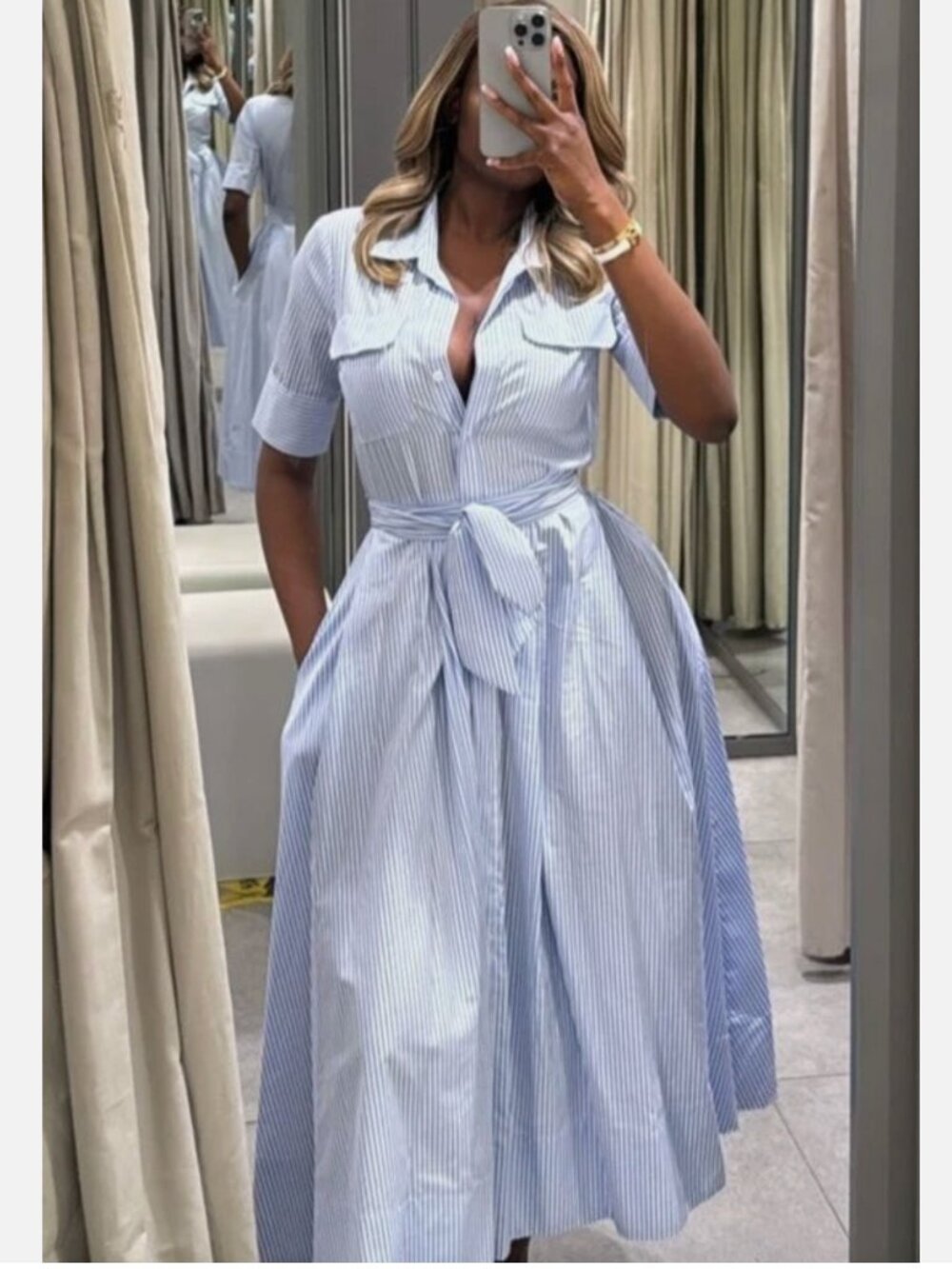 Zara Blue and White Striped Maxi Poplin Shirt dress Waist Tie S M NWT 2640/596 - Picture 6 of 17